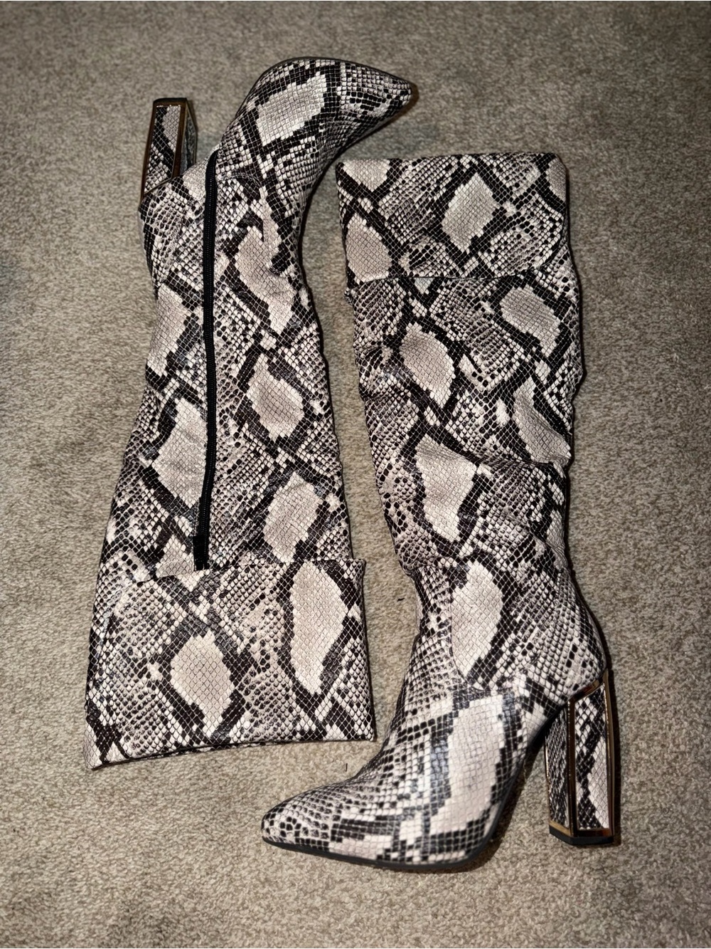 BAMBOO Snake Print Knee-High Block Heel Boots in Black & White